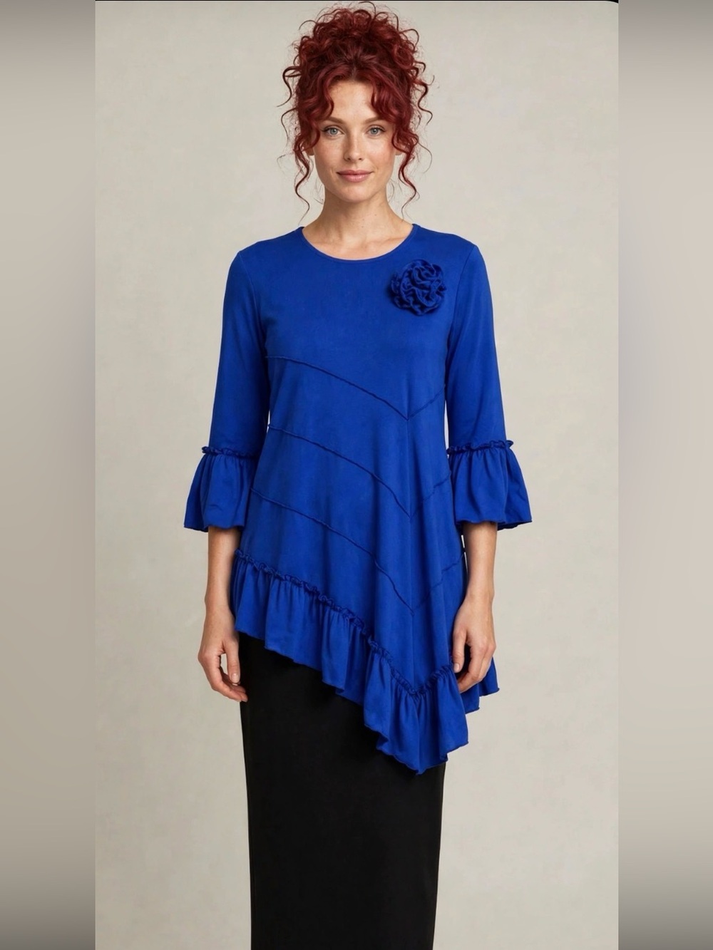 Royal Blue Tunic Top Shirt Size XL Modest  Flower Asymmetrical Blouse
